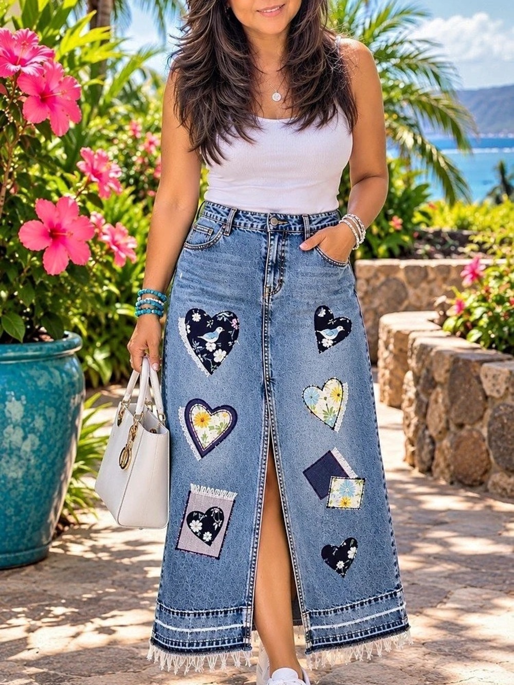 Second Chance by Aloha Refashioned BDG Denim Maxi Skirt Floral Hearts L